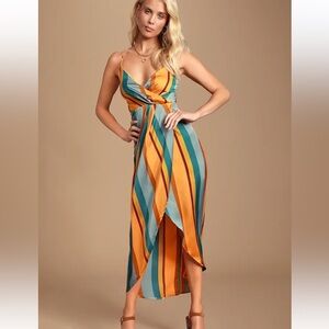 LULUS Jovi Orange Multi Striped Satin High-Low Midi Dress women’s size XS